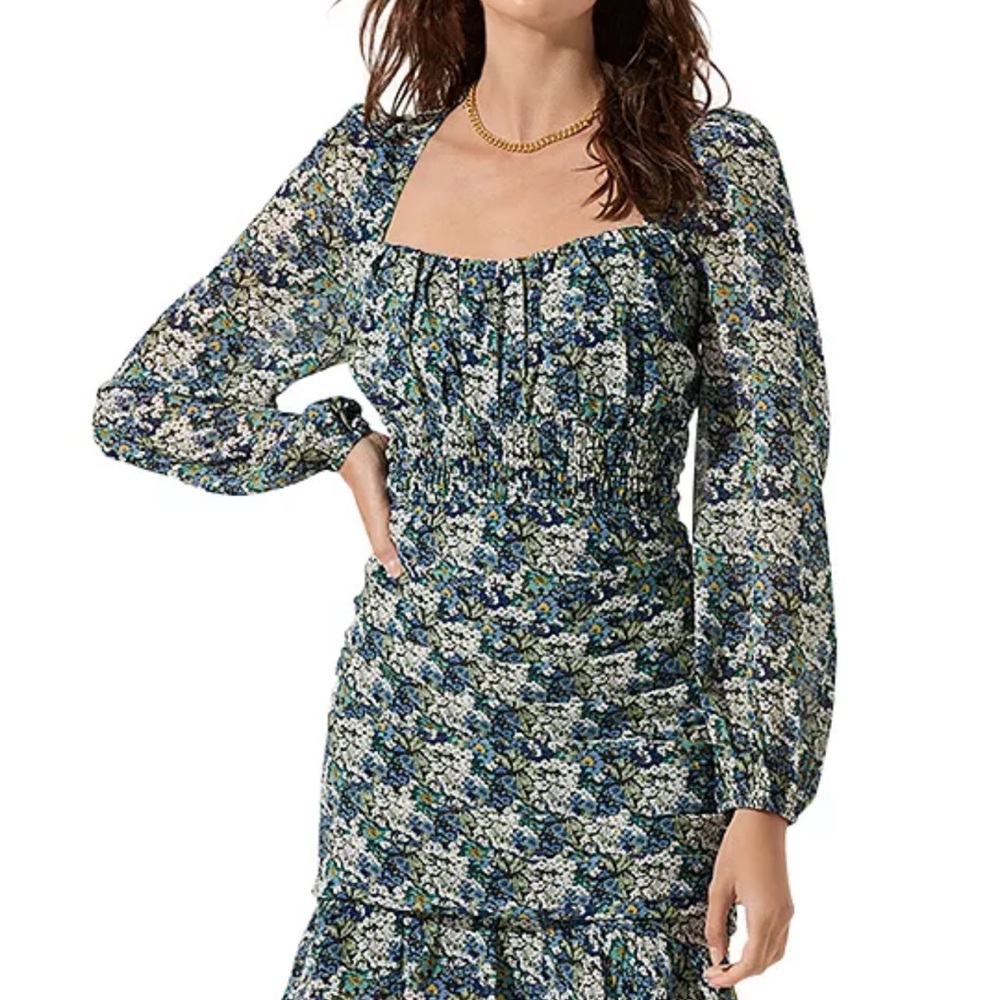 Astr Blue and Green Floral Long Sleeve Dress